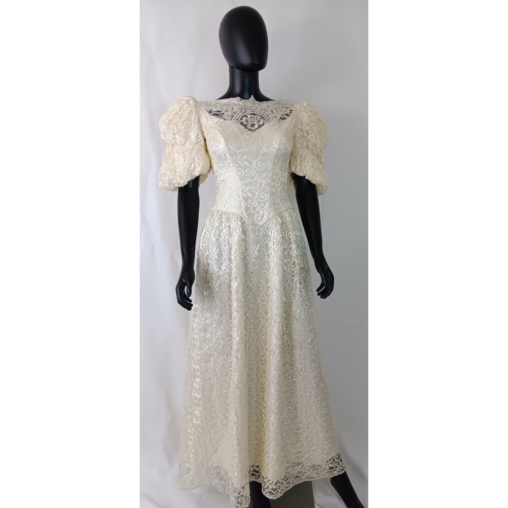 Vintage Custom Handmade Ivory Lace Bridal Prom Formal Dress Medium Puff Sleeve
